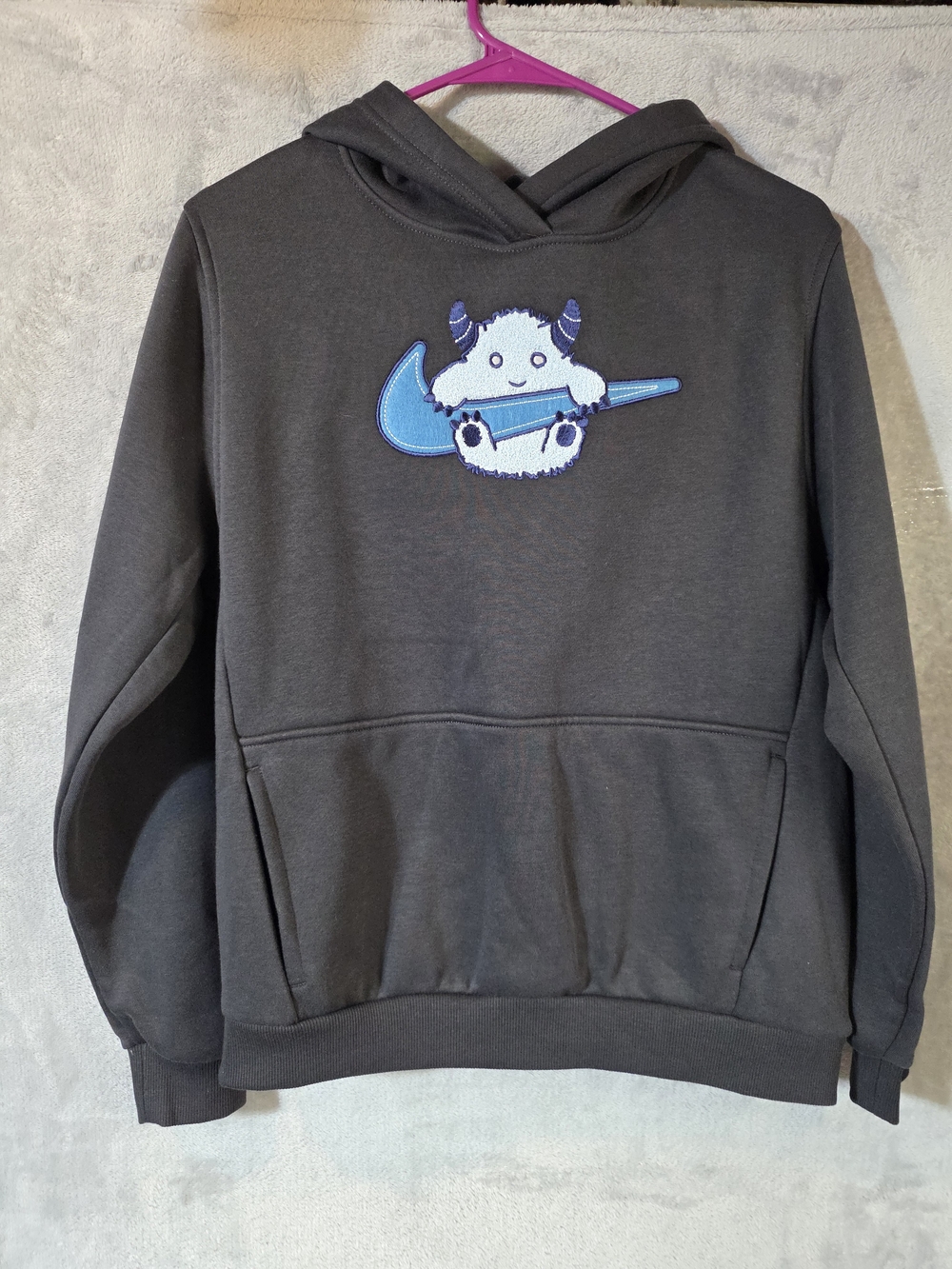 Nike Kids Dark Gray Hoodie with Light Blue YETI Patch Cozy and Cute!